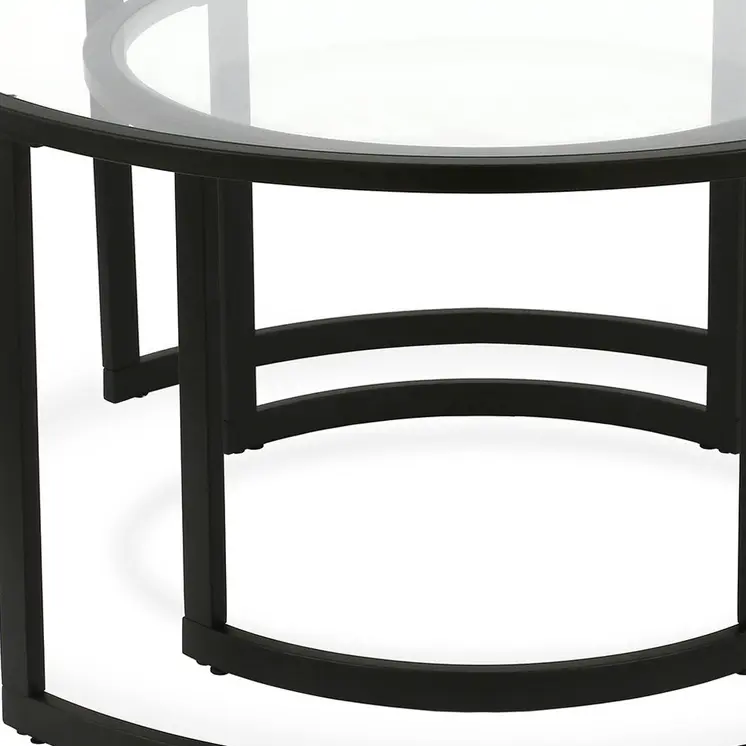 Set of Two Black Glass And Steel Round Sled Nested Coffee Tables