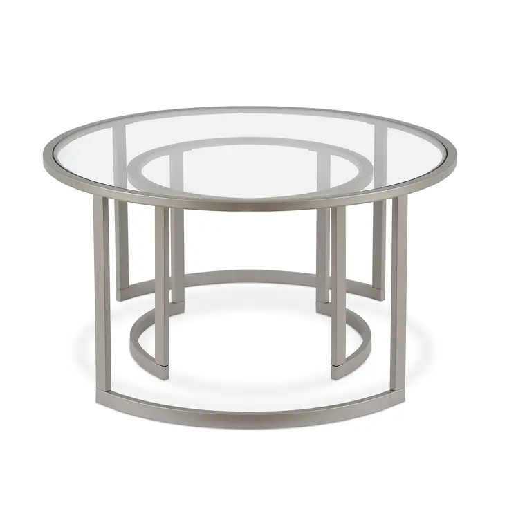 Set of Two 36" Nickel Glass And Steel Round Nested Coffee Tables