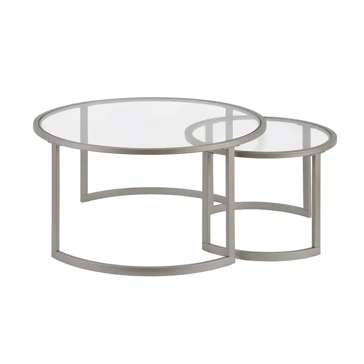 Set of Two 36" Nickel Glass And Steel Round Nested Coffee Tables