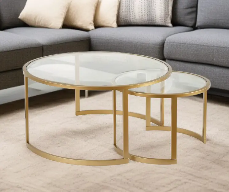 Set of Two Gold Glass And Steel Round Sled Nested Coffee Tables