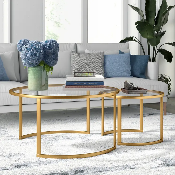 Set of Two Gold Glass And Steel Round Sled Nested Coffee Tables