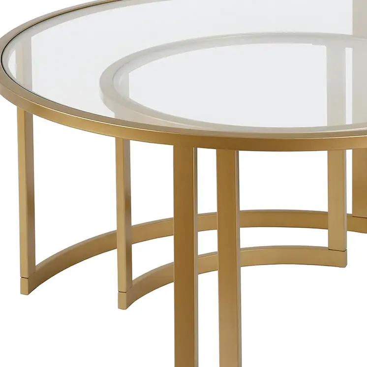 Set of Two Gold Glass And Steel Round Sled Nested Coffee Tables