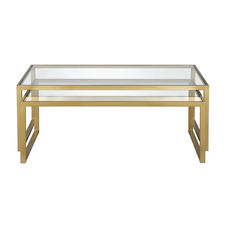 Set of Two Gold Glass And Steel Sled Nested Coffee Tables