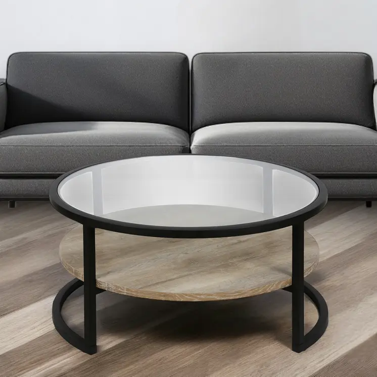 34" Black Glass And Steel Round Coffee Table With Shelf