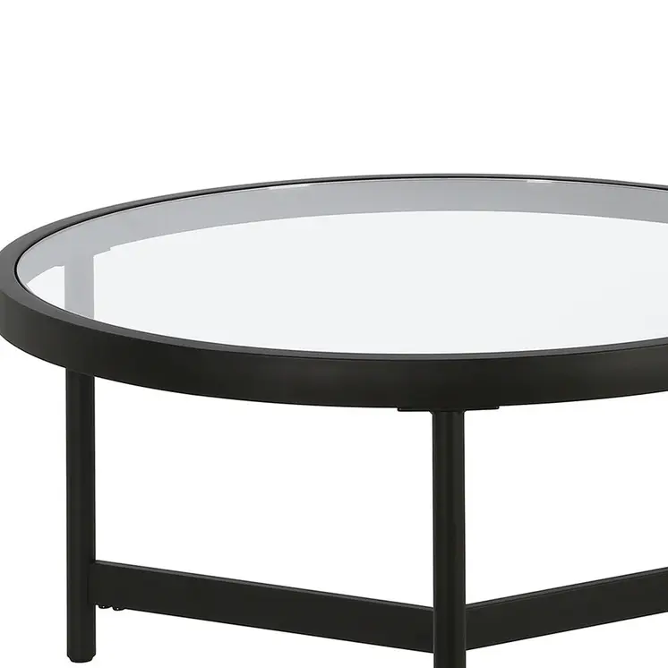 Set of Two 30" Black Glass And Steel Round Nested Coffee Tables