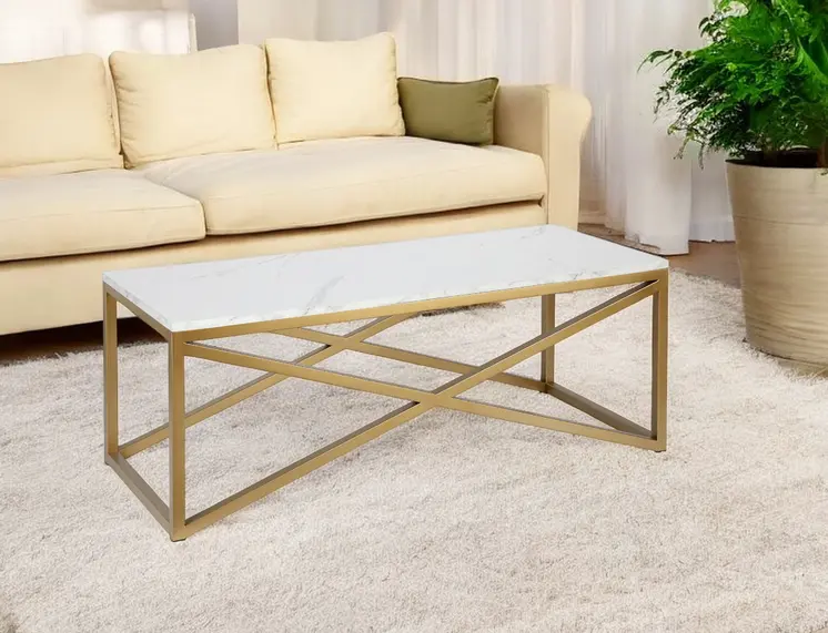 46" Gold Faux Marble And Steel Sled Coffee Table