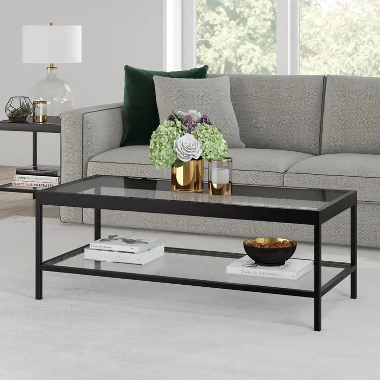 45" Clear And Black Glass And Steel Coffee Table With Shelf