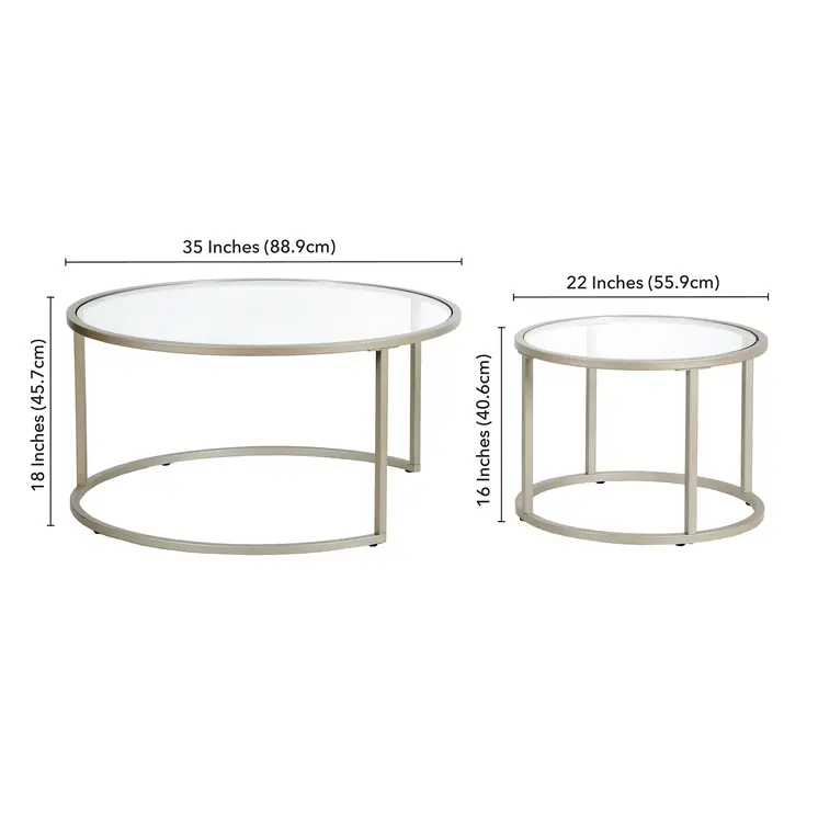 Set of Two 35" Silver Glass And Steel Round Nested Coffee Tables