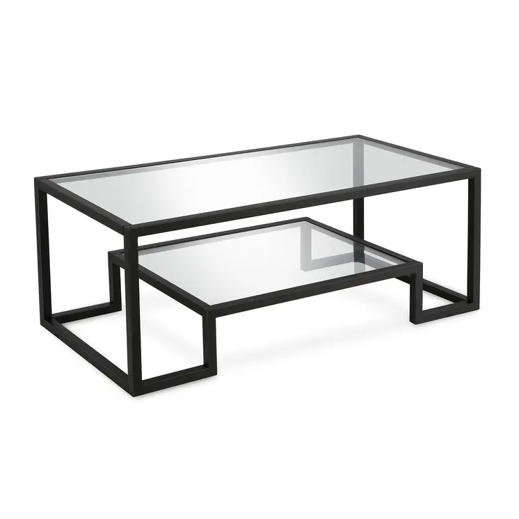 45" Clear And Black Glass And Steel Sled Coffee Table With Shelf