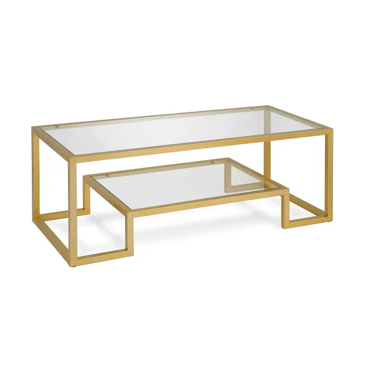 45" Clear And Gold Glass And Steel Sled Coffee Table With Shelf