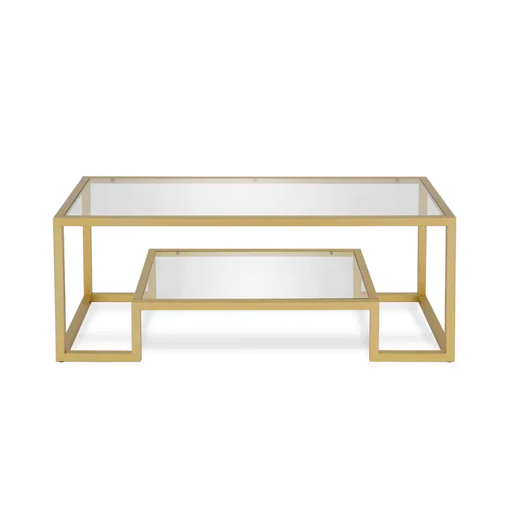 45" Clear And Gold Glass And Steel Sled Coffee Table With Shelf