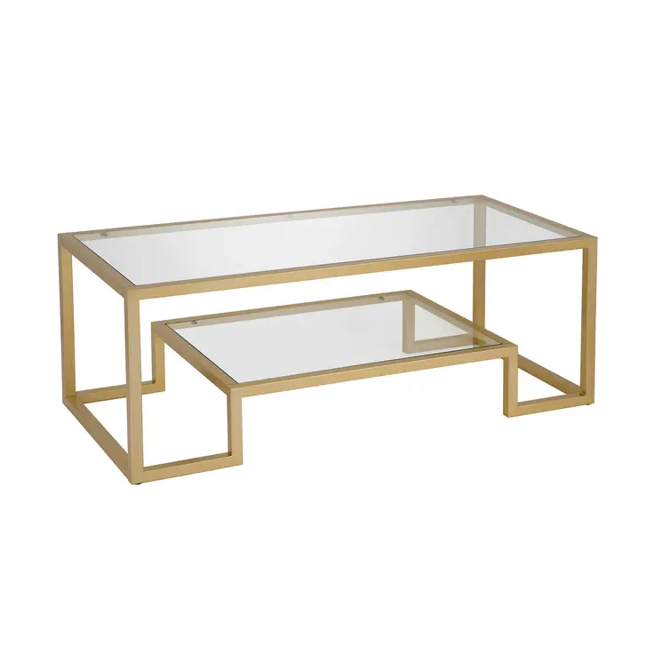 45" Clear And Gold Glass And Steel Sled Coffee Table With Shelf