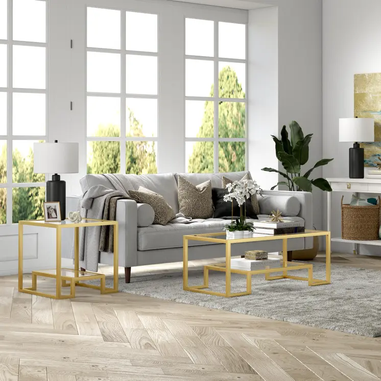 45" Clear And Gold Glass And Steel Sled Coffee Table With Shelf