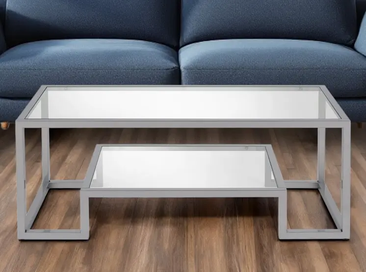 45" Silver Glass And Steel Coffee Table With Shelf