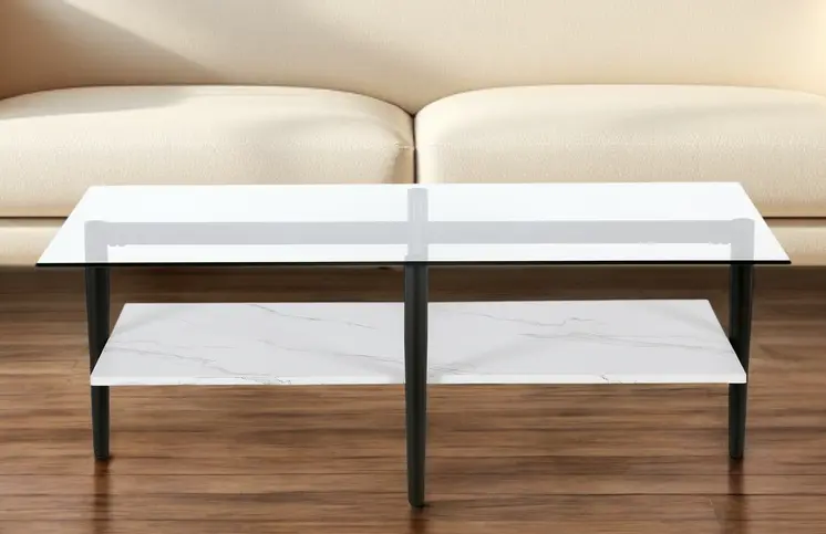 47" Black Glass And Steel Coffee Table With Shelf