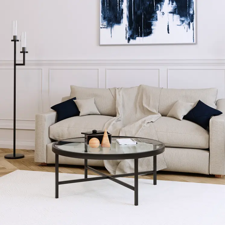 36" Black Glass And Steel Round Coffee Table