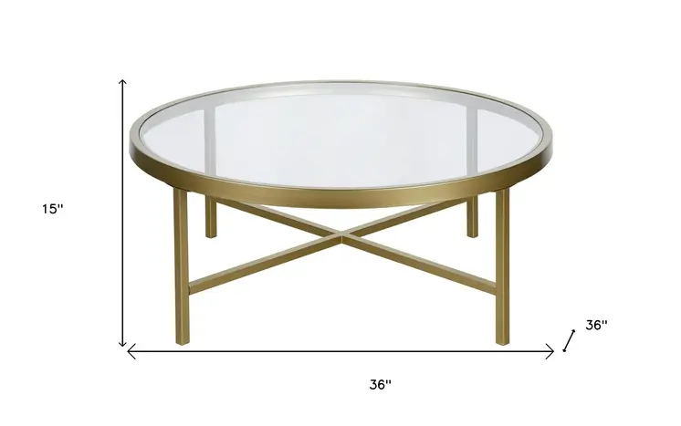 36" Gold Glass And Steel Round Coffee Table