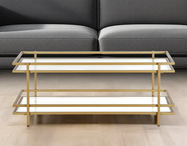 45" Gold Glass And Steel Coffee Table With Shelf
