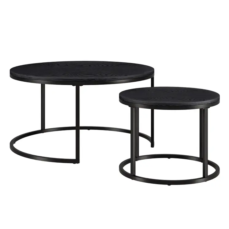 Set of Two Black Wood And Steel Round Frame Nested Coffee Tables