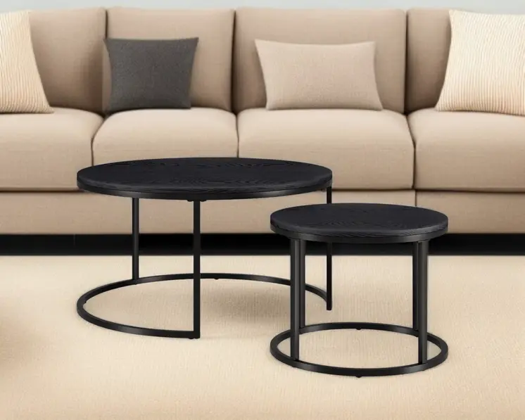 Set of Two Black Wood And Steel Round Frame Nested Coffee Tables