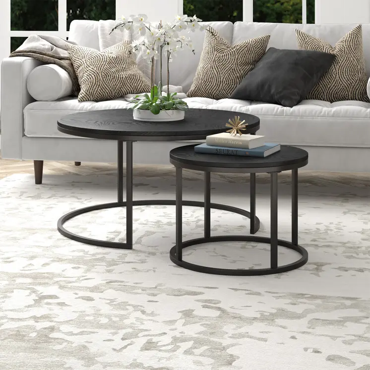 Set of Two Black Wood And Steel Round Frame Nested Coffee Tables
