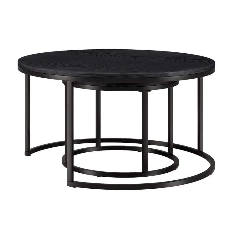 Set of Two Black Wood And Steel Round Frame Nested Coffee Tables
