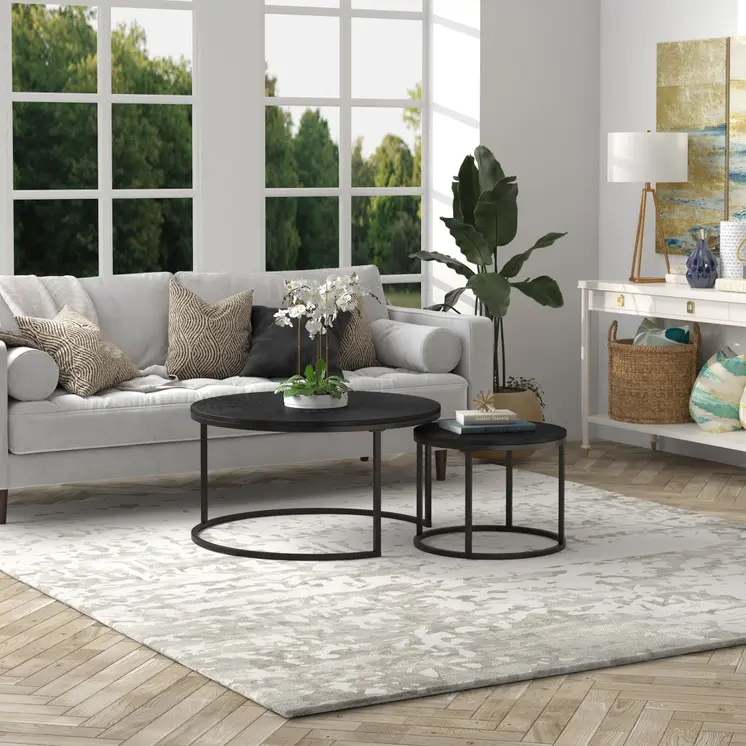 Set of Two Black Wood And Steel Round Frame Nested Coffee Tables