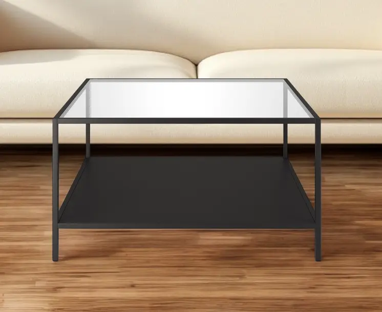 32" Black Glass And Steel Square Coffee Table With Shelf