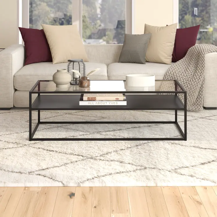 54" Black Glass And Steel Coffee Table With Shelf