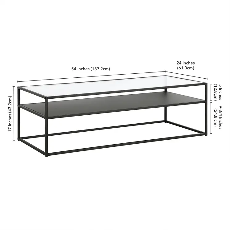54" Black Glass And Steel Coffee Table With Shelf