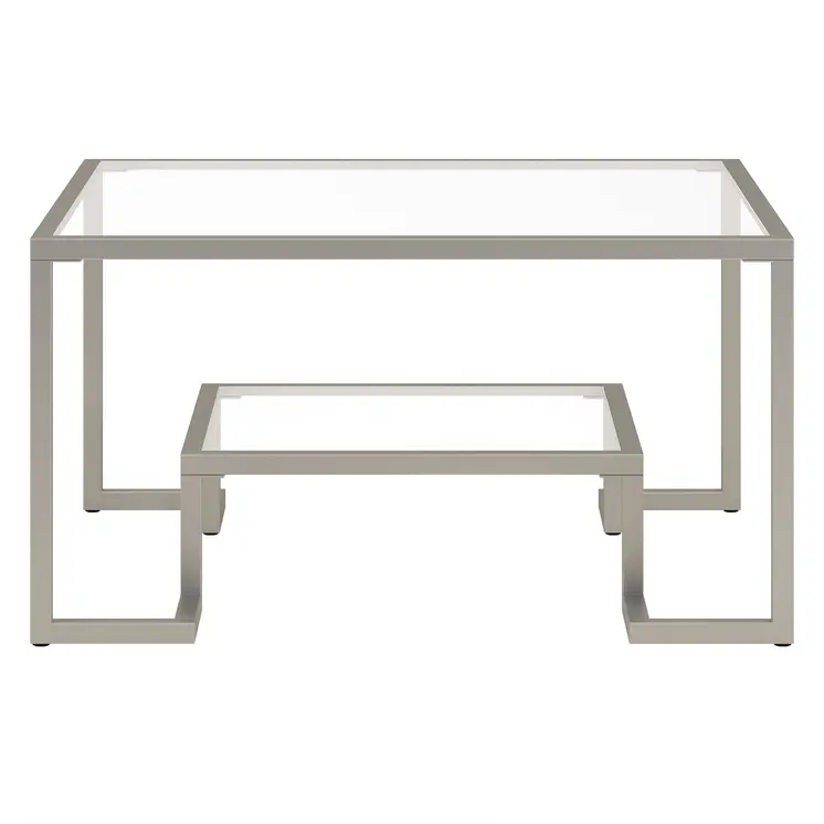 32" Silver Glass And Steel Square Coffee Table With Shelf