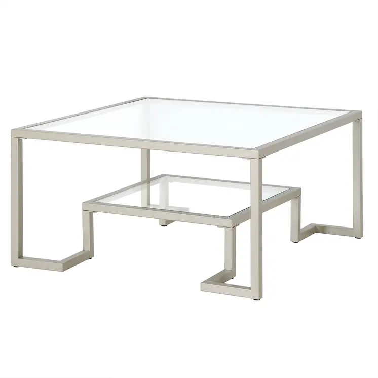 32" Silver Glass And Steel Square Coffee Table With Shelf