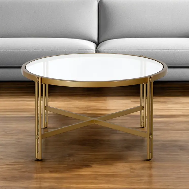 32" Gold Glass And Steel Round Coffee Table