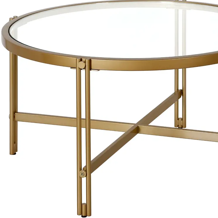 32" Gold Glass And Steel Round Coffee Table
