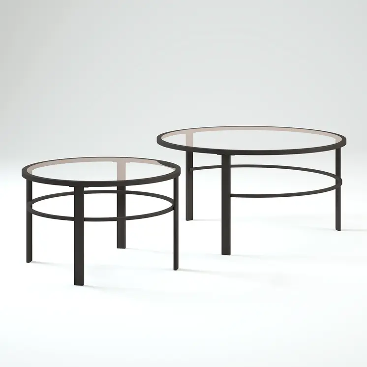 Set of Two 36" Clear And Black Glass And Steel Round Nested Coffee Tables