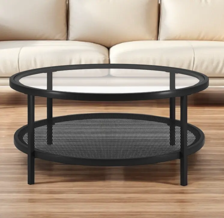 36" Black Glass And Steel Round Coffee Table With Shelf