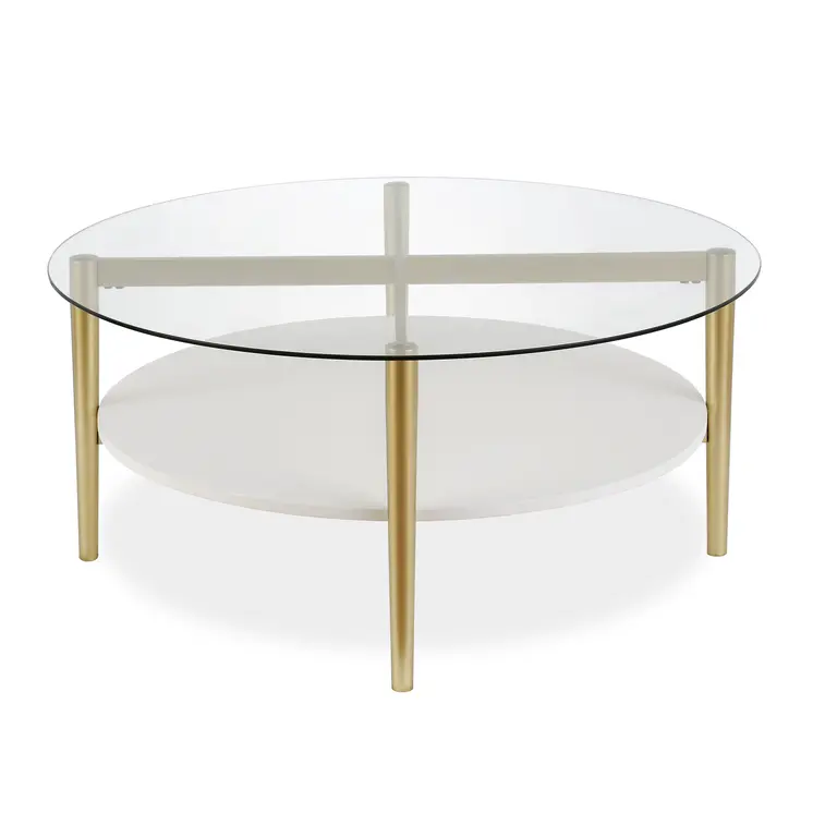 36" Clear And Gold Glass And Steel Round Coffee Table With Shelf