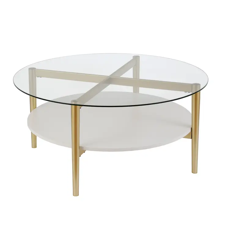 36" Clear And Gold Glass And Steel Round Coffee Table With Shelf