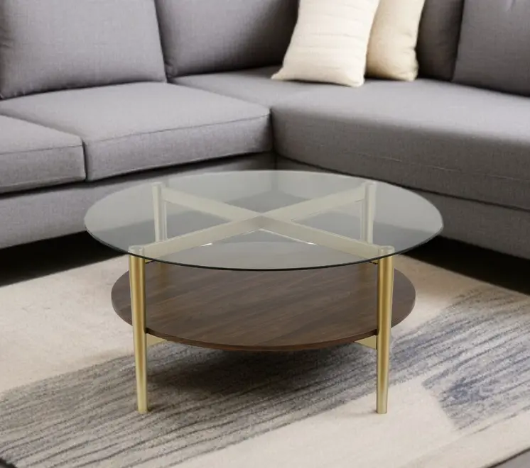 36" Gold Glass And Steel Round Coffee Table With Shelf