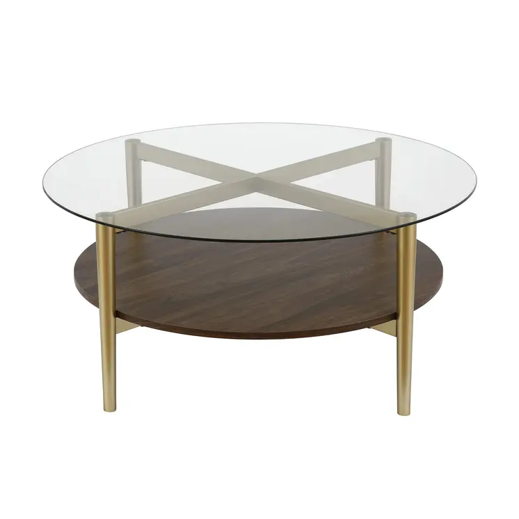 36" Gold Glass And Steel Round Coffee Table With Shelf