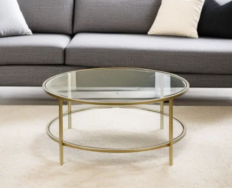 36" Gold Glass And Steel Round Coffee Table With Shelf
