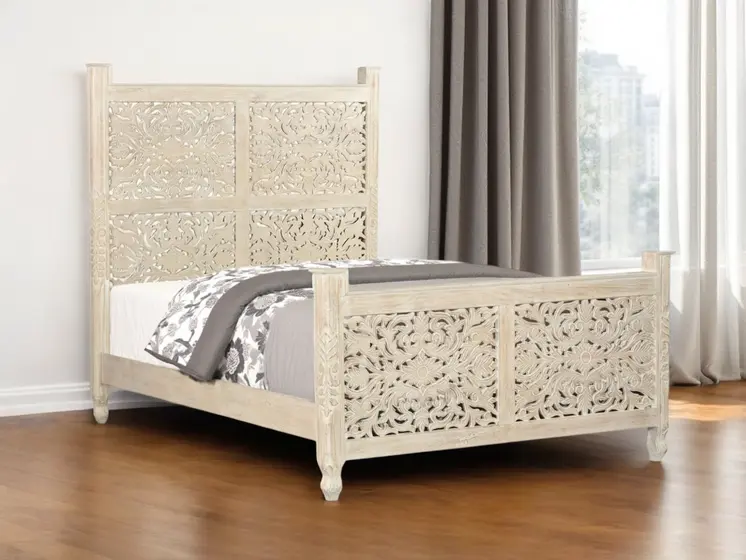 White Carved Floral Distressed Solid Wood Queen Bed Frame