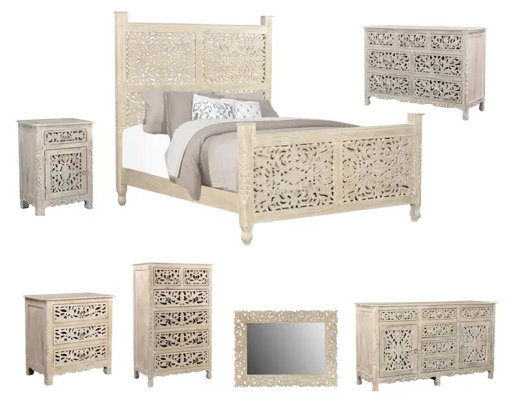 White Carved Floral Distressed Solid Wood Queen Bed Frame