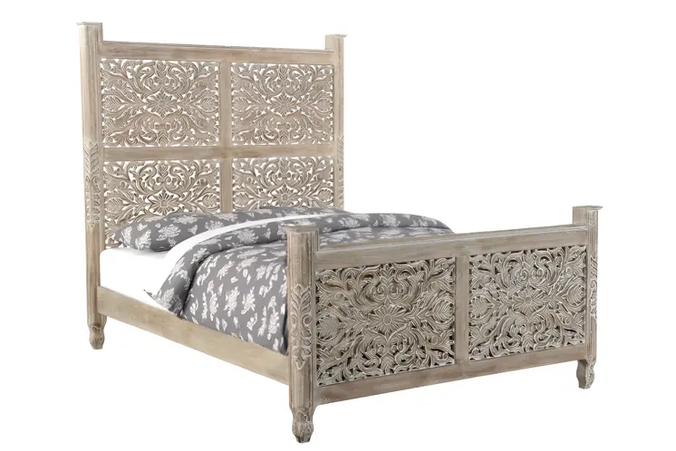 Gray Carved Floral Distressed Solid Wood Queen Bed Frame