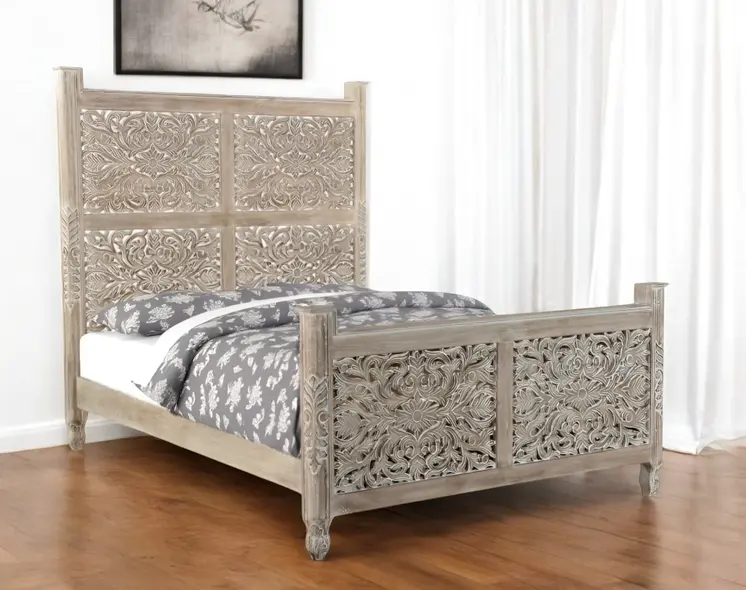Gray Carved Floral Distressed Solid Wood Queen Bed Frame