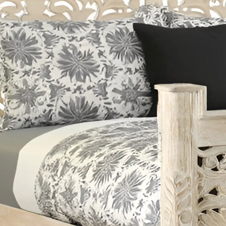 White Carved Floral Distressed Solid Wood King Bed Frame