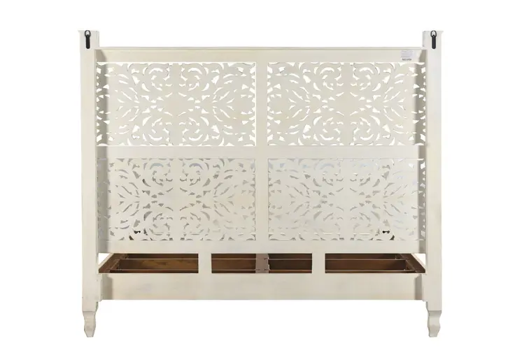 White Carved Floral Distressed Solid Wood King Bed Frame