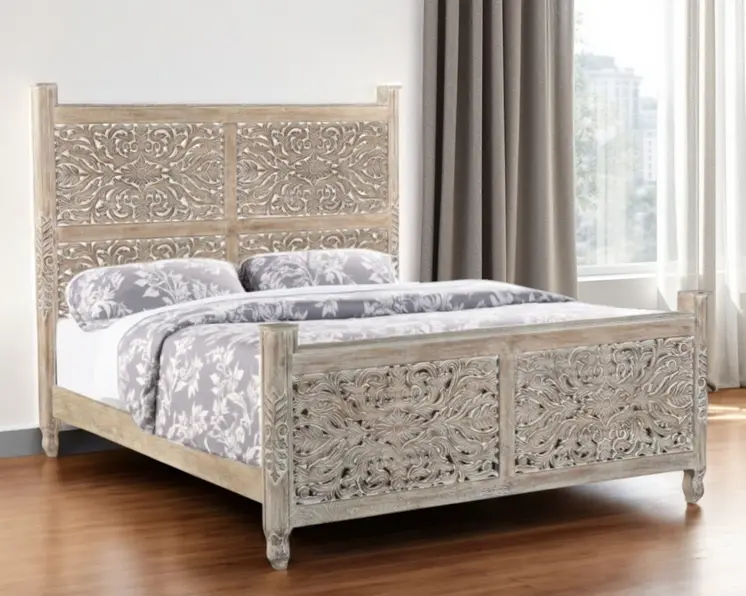 Gray Carved Floral Solid Wood King Bed Frame