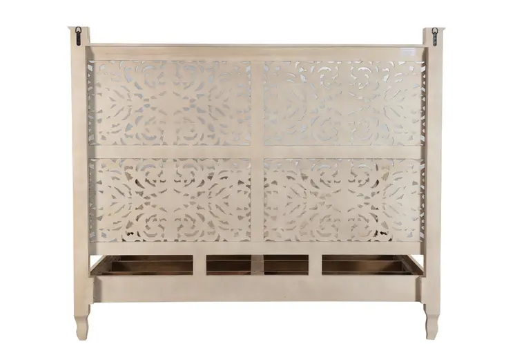 Gray Carved Floral Solid Wood King Bed Frame