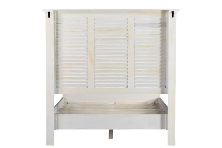 White Carved Geometric Distressed Reclaimed Wood Queen Bed Frame